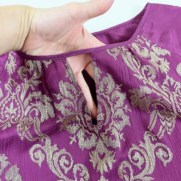 Sundance Blouse Renaissance Embroidered Silk Top Purple Gold Mixed Textures Sz M - Picture 5 of 15